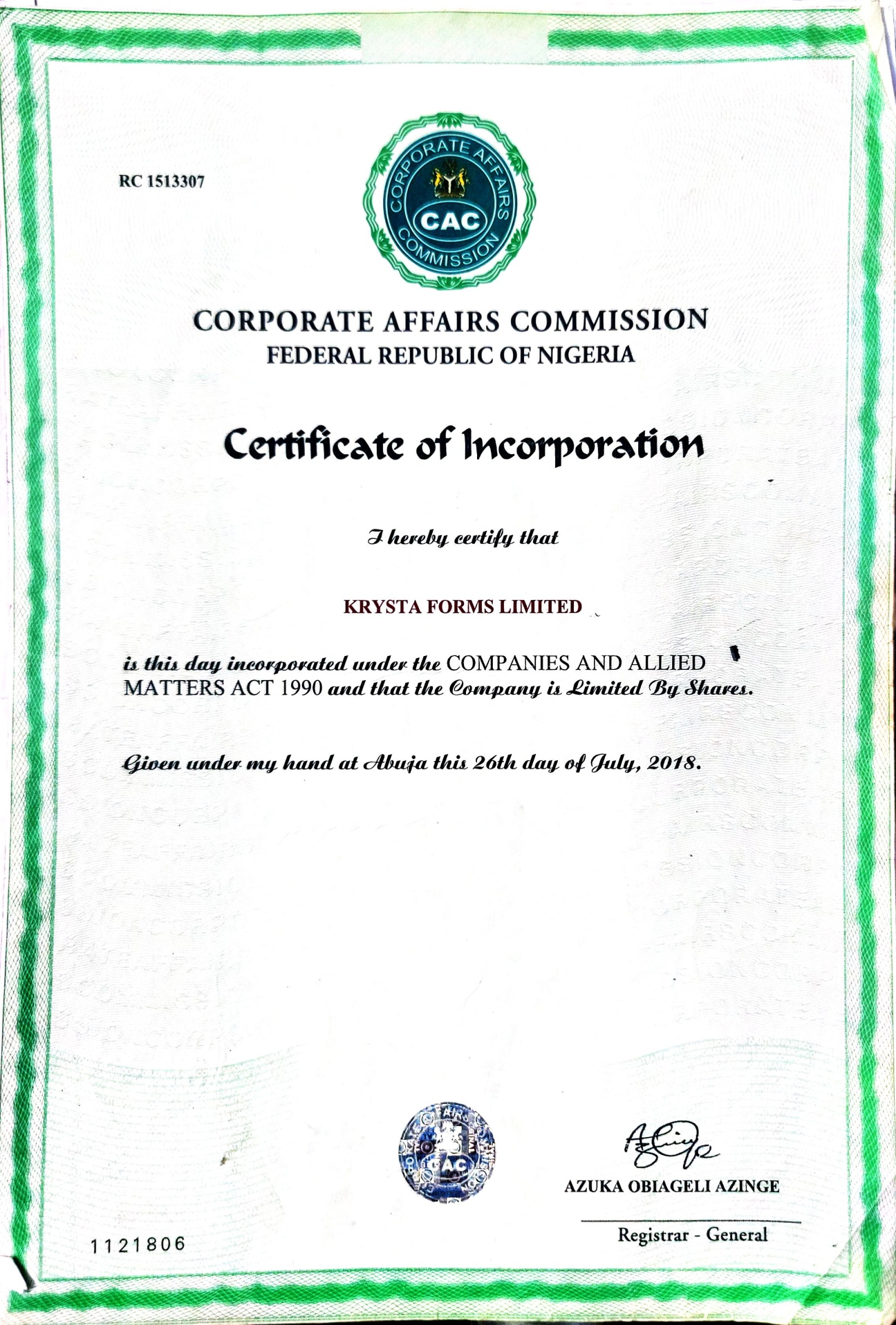 Corporate Affairs Commission Registration Certificate (BN 2041014)